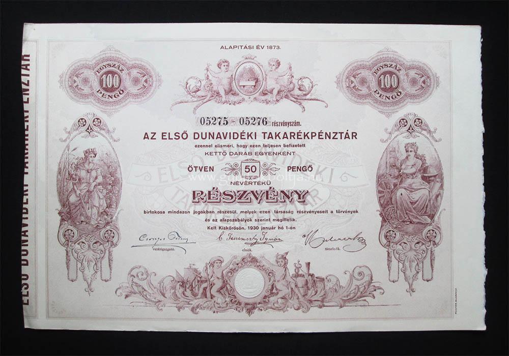 Első Dunavidéki Takarékpénztár 2x50 pengő 1930 Kiskőrös